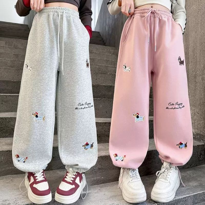 กางเกงลําลองเด็กผู้หญิง กางเกงกีฬา กลูกสุนัข มีกระเป๋า เอวยางยืด น่ารัก เวอร์ชั่นเกาหลี แฟชั่น 2025 รุ่นใหม่ 7-14 ปี สีชมพู สีเทา