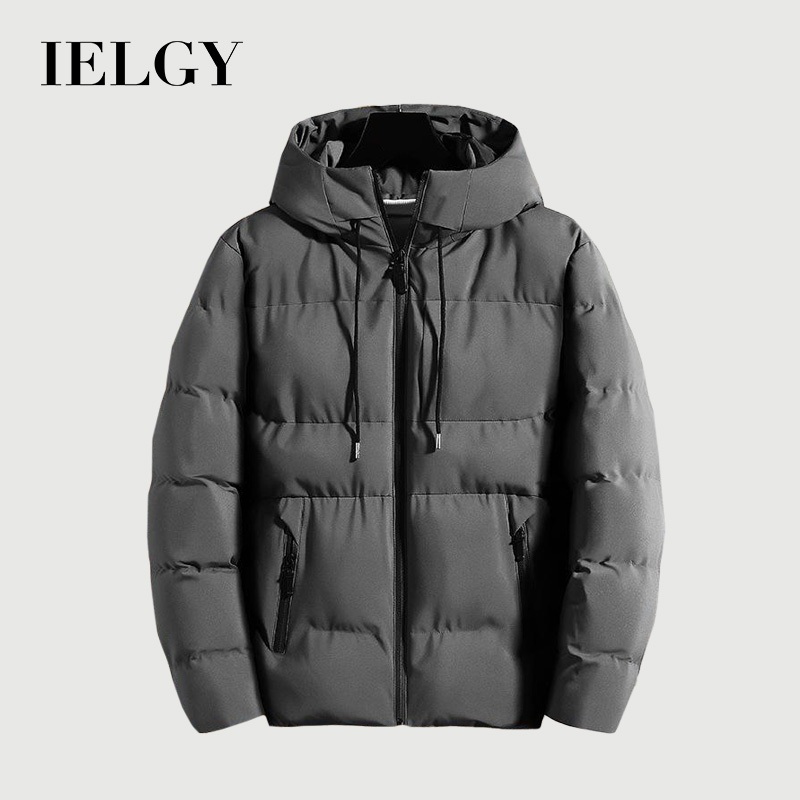 IELGY เสื้อโค้ทบุนวมสั้นแบบหนามีฮู้ดสไตล์เกาหลีสําหรับผู้ชาย