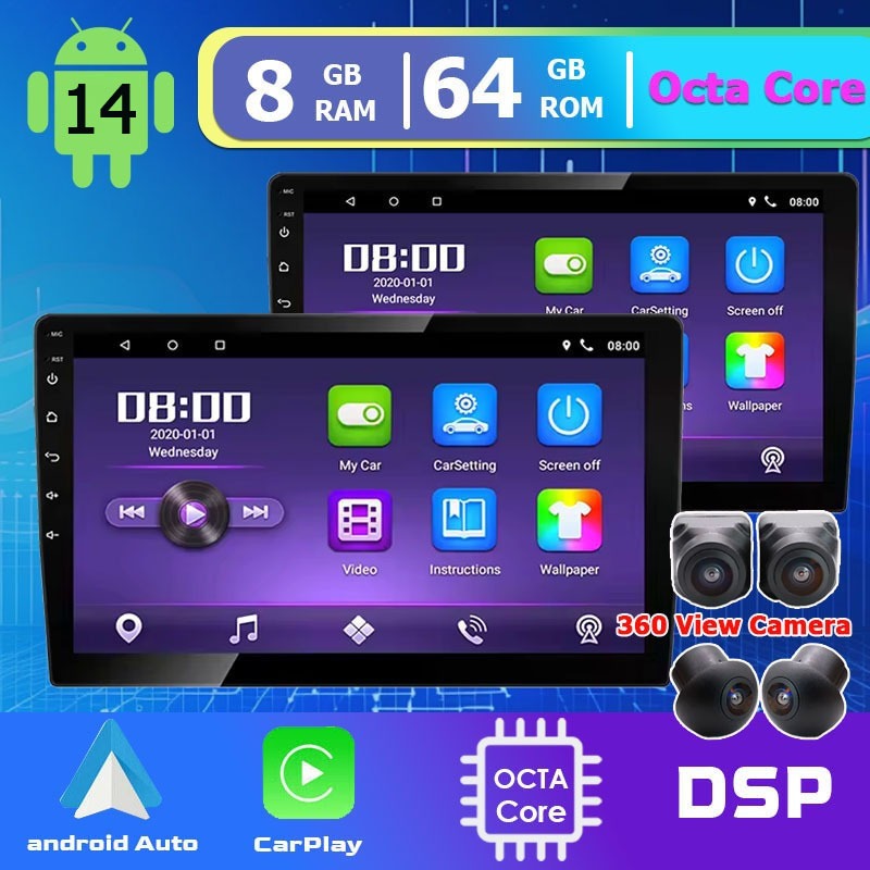 Android 14 จอติดรถยนต์ 8 Ram+64Rom 8Core พร้อมฟังก์ชั่น Apple CarPlay 2din 7 9 10 นิ้ว 4Core 4G+32G 