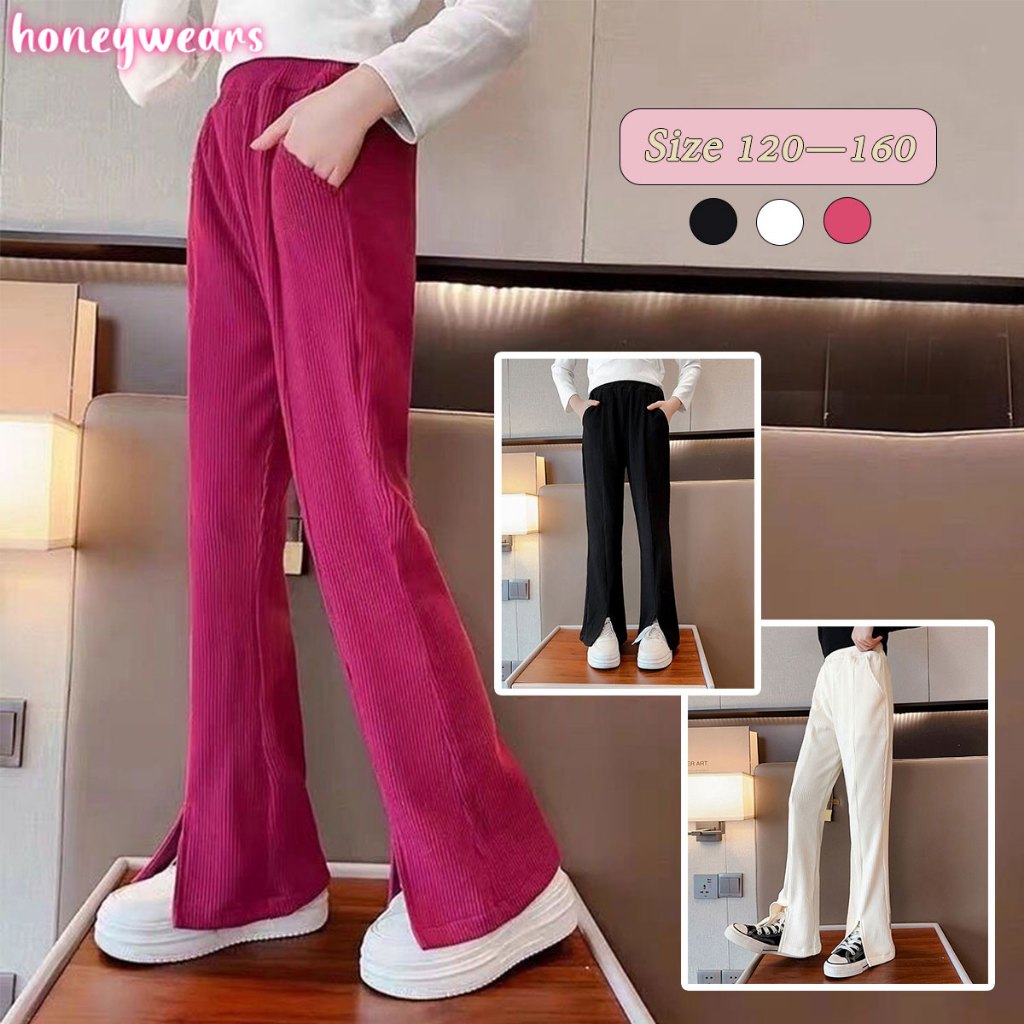 honeywears พร้อมส่ง กางเกงขายาวเด็กผู้หญิง ขาบานผ่าหน้า ผ้าลูกฟูก ลำลองสีสดใส แฟชั่นฤดูร้อน ไซส์ 120-160