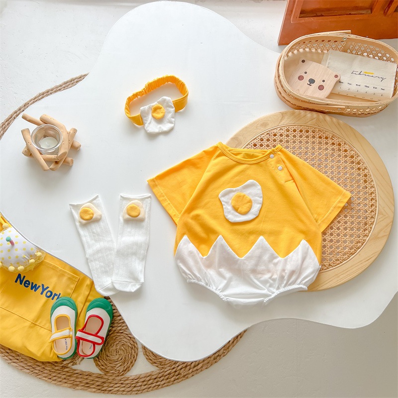 ชุดจั๊มสูทเด็กแรกเกิด จั๊มสูทแขนสั้นไข่ที่ทันสมัยและน่าสนใจ จั๊มสูทผ้าฝ้ายแขนสั้นฤดูร้อนของทารก