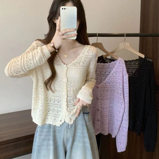 เสื้อตาข่าย เสื้อคอวีแขนยาวเสื้อสเวตเตอร์ถักกลวงสีขาวเสื้อคา…