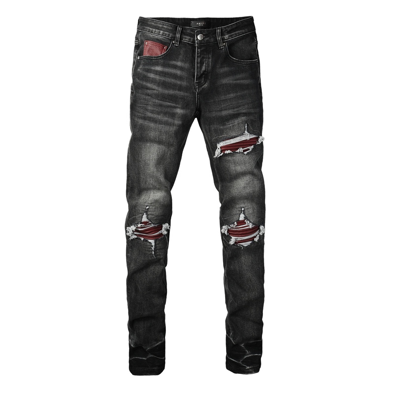 Amiri ใหม่ถนนแฟชั่นย้อนยุคผู้ชายกางเกงยีนส์สีเทายืดหยุ่นสลิมฟิตกางเกงยีนส์แพทช์ประกบออกแบบสไตล์ฮิปฮอปผู้ชายกางเกงยีนส์
