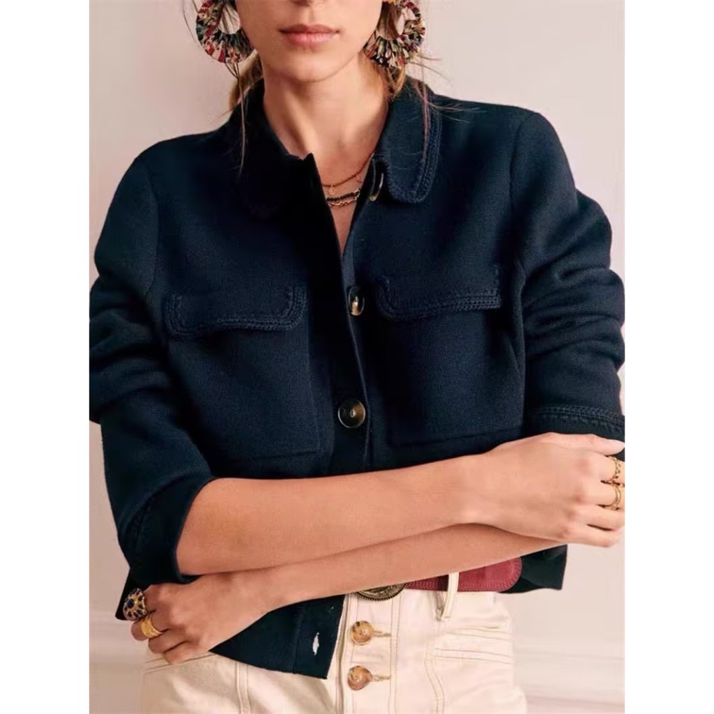 [auth] Lechikas Dark Blue Crochet Merino Wool Lapel Sweater เสื้อสเวตเตอร์ถัก sezane Original Order