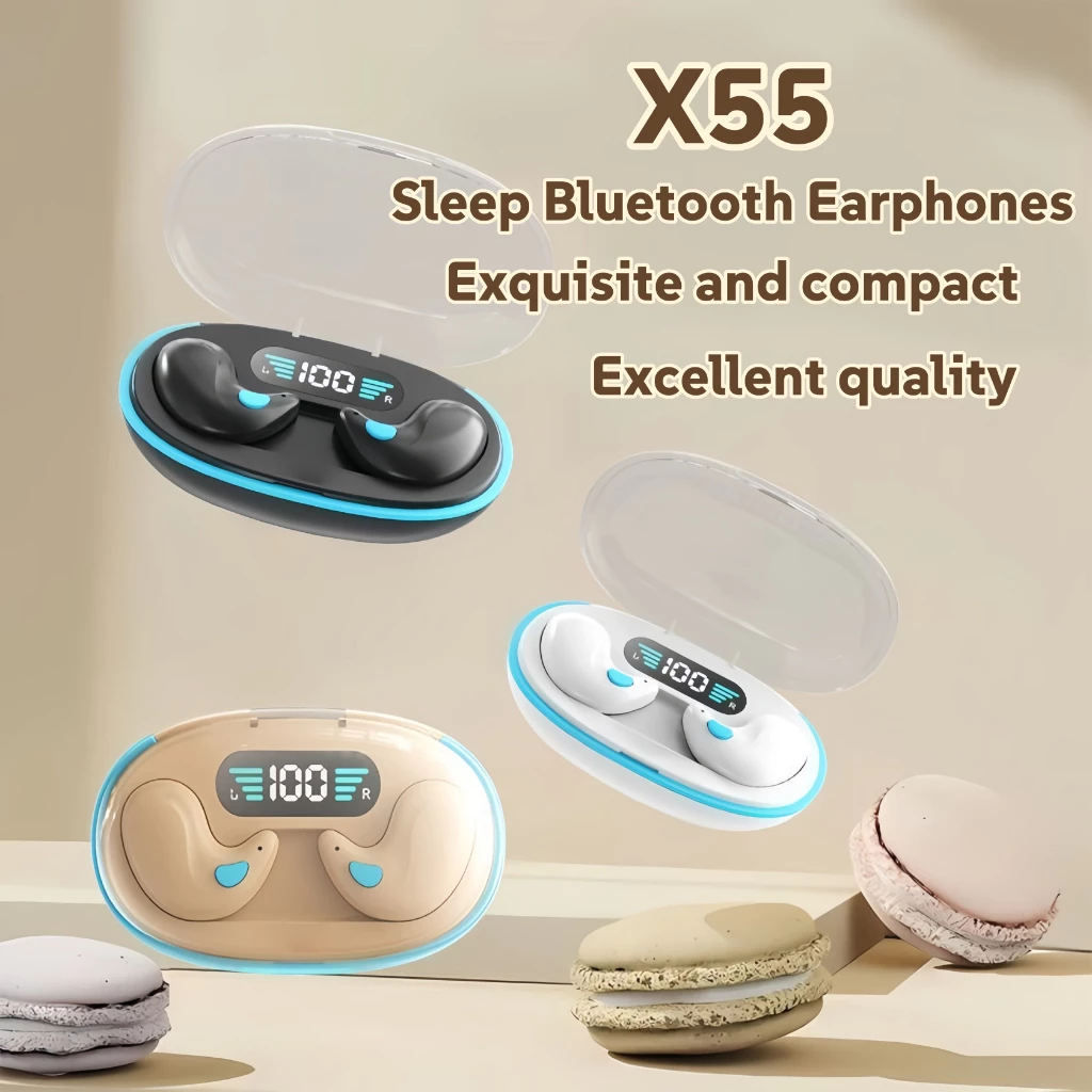 X55หูฟังนอนหลับบลูทูธไร้สายคุณภาพเสียงสเตอริโอโทรใสปุ่มควบคุมเคสชาร์จโปร่งใสกึ่งบางเฉียบ