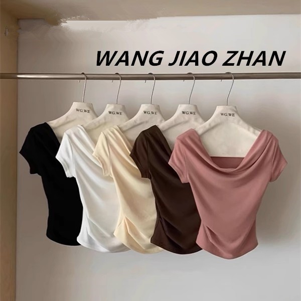 【WJZ】เสื้อยืดแขนสั้นทรงสลิมฟิตเปิดไหล่สีพื้นสำหรับผู้หญิง【B12】