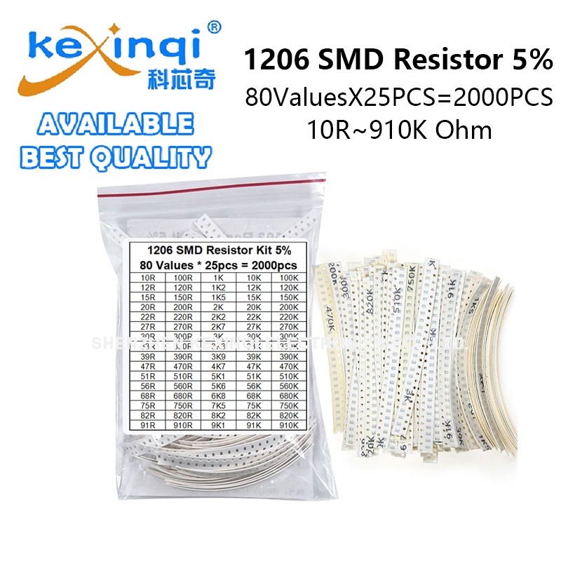 2000PCS 1206 SMD Resistor Assorted Kit 80ValysX 25PCS 10ROhm~910K 5% 22 33 68 47 51 100 220 330 470 