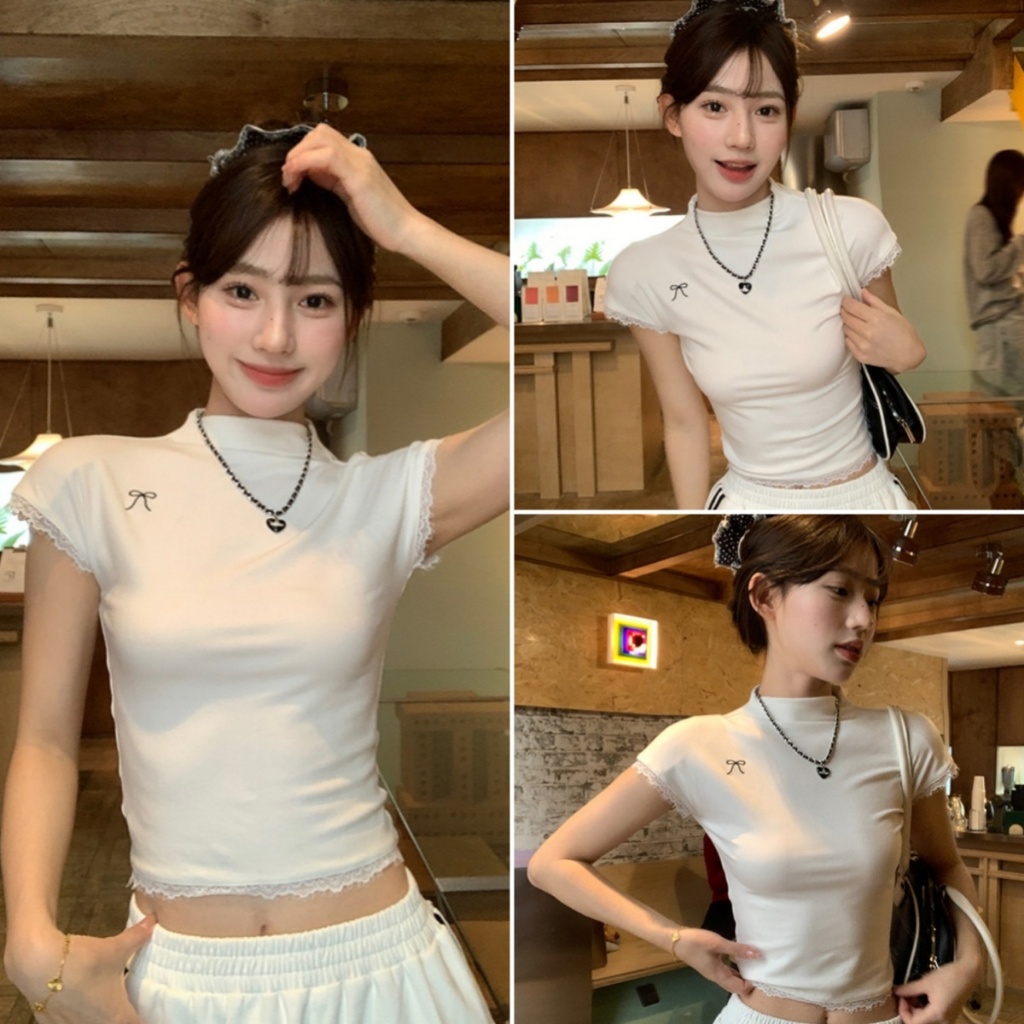 Luna Shop พร้อมส่ง เสื้อยืดแฟชั่นผู้หญิง เสื้อยืดทรงซ้อ ดีไซน์เก๋ไก้และเซ็กซี่  ลูกไม้ลูกไม้ แขนสั้น