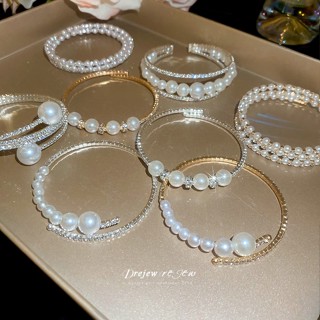 เดรช เพชรฝังหลายชั้นมุกเปิดสร้อยข้อมือฝรั่งเศสย้อนยุคแฟชั่นส…