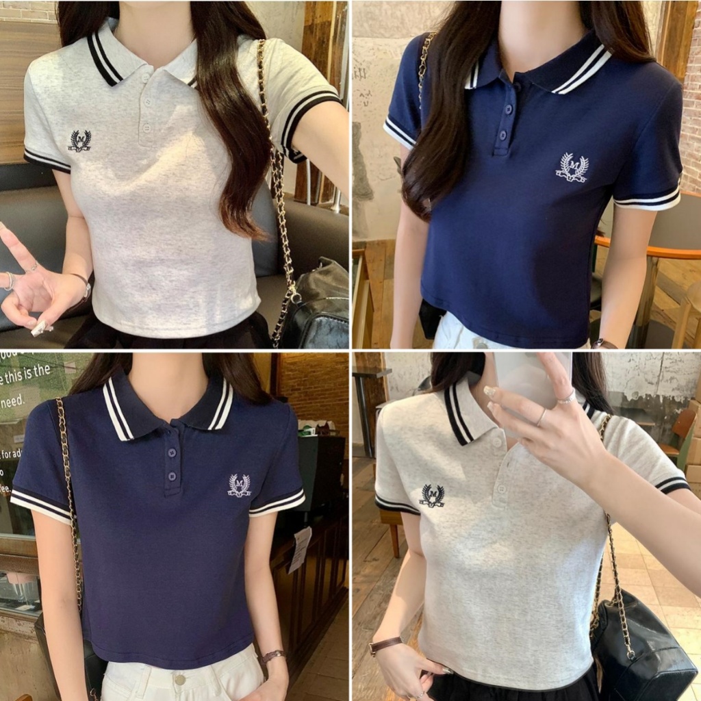 Hotgirl พร้อมส่ง✨เสื้อยืดสวยๆผู้หญิง เสื้อยืดคอโปโล ดีไซน์ลายปัก สลิมฟิต สไตล์ย้อนยุคแบบอเมริกัน