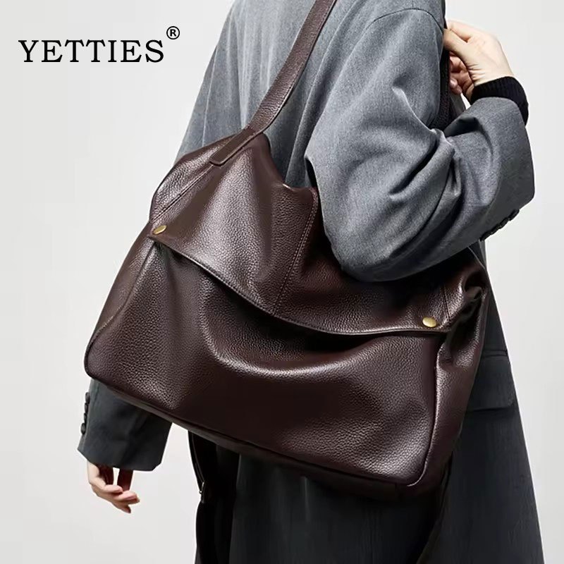 YETTIES Cowhide ของแท้หนังนุ่มขนาดใหญ่ กระเป๋าสะพายสําหรับผู้หญิง Big Messenger Tote กระเป๋าถือสุภาพสตรี