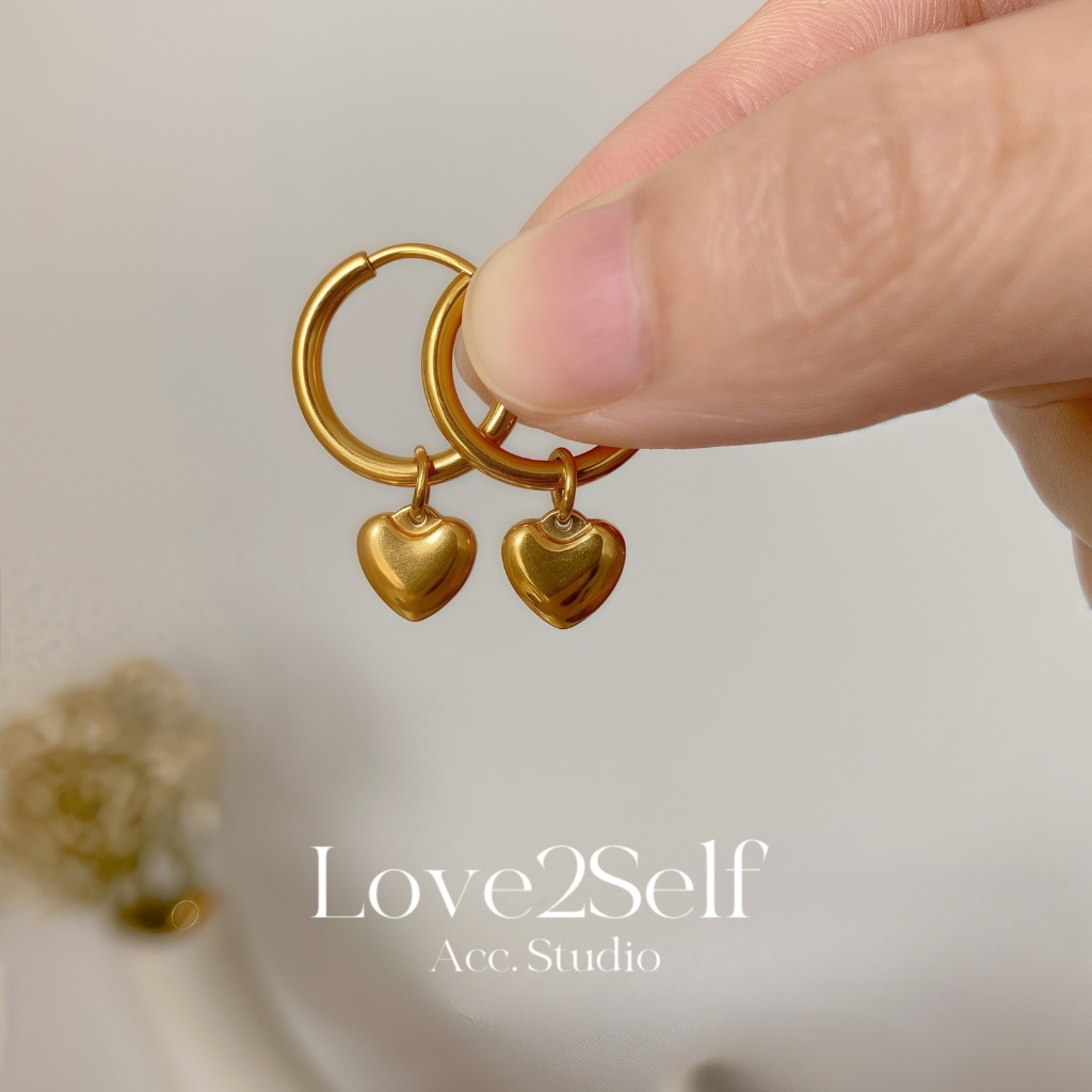Love2Self E096 Vintage สแตนเลส 18K Gold Heart Hoop ต่างหู Non Tarnish Hoop ต่างหูสําหรับผู้หญิง