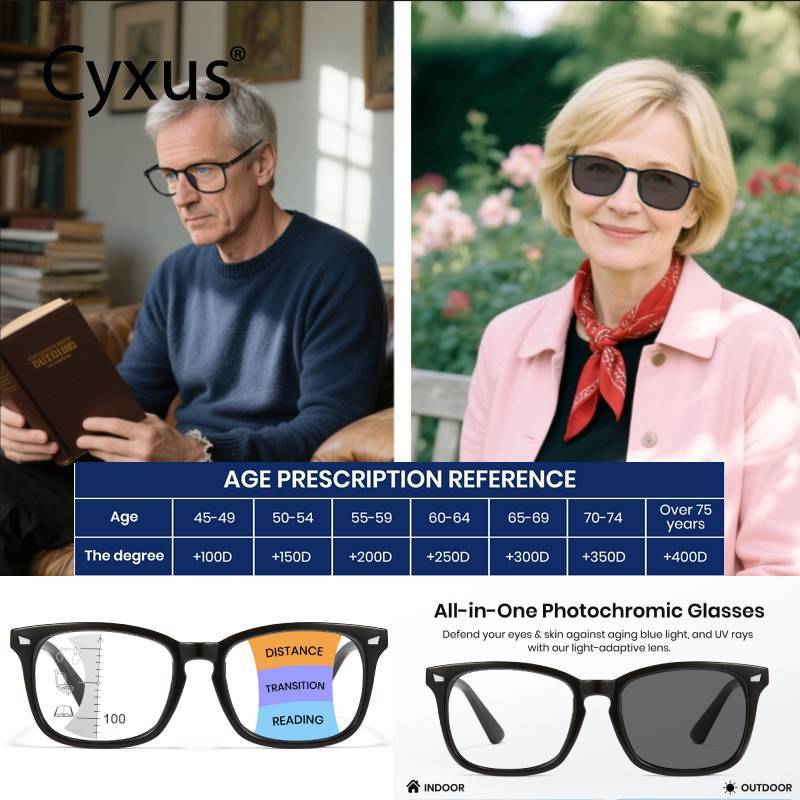 Cyxus 1.00 -4.00 แว่นตาอ่านหนังสือ Photochromic 40 ปี + AntiBlue Light ยาวกรอบสี