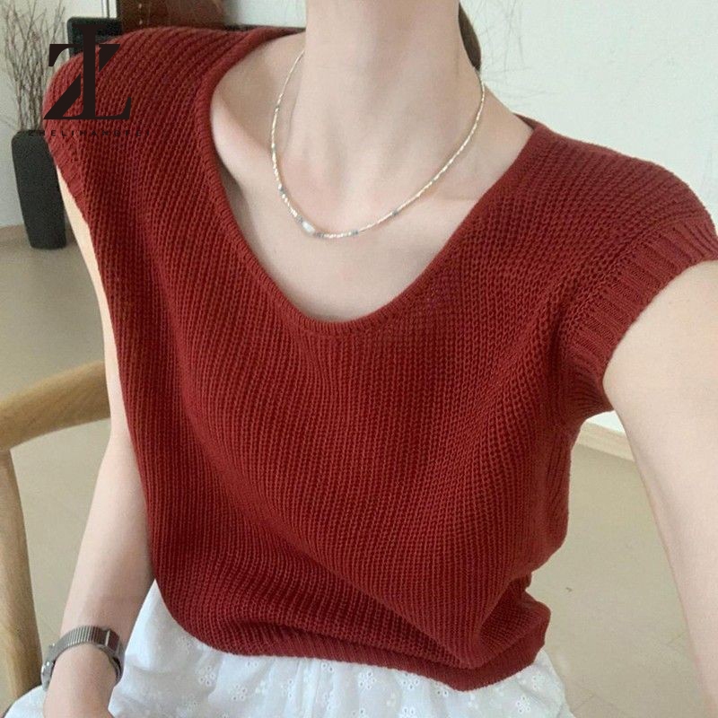 ZHELIHANGFEI   เสื้อยืดแขนสั้นถักสำหรับผู้หญิง เสื้อกล้ามผ้าเย็น ดีไซน์พิเศษสุดสวย - รูปที่ 4