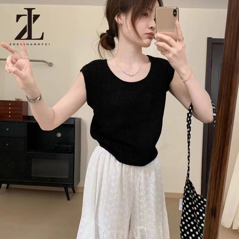 ZHELIHANGFEI   เสื้อยืดแขนสั้นถักสำหรับผู้หญิง เสื้อกล้ามผ้าเย็น ดีไซน์พิเศษสุดสวย - รูปที่ 6