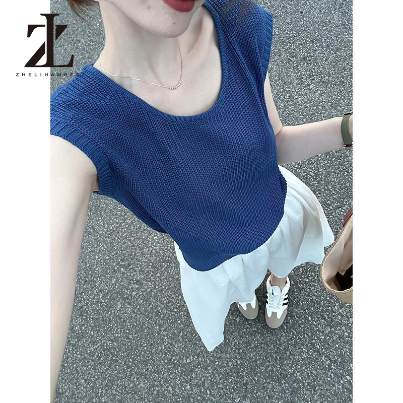 ZHELIHANGFEI   เสื้อยืดแขนสั้นถักสำหรับผู้หญิง เสื้อกล้ามผ้าเย็น ดีไซน์พิเศษสุดสวย - รูปที่ 2