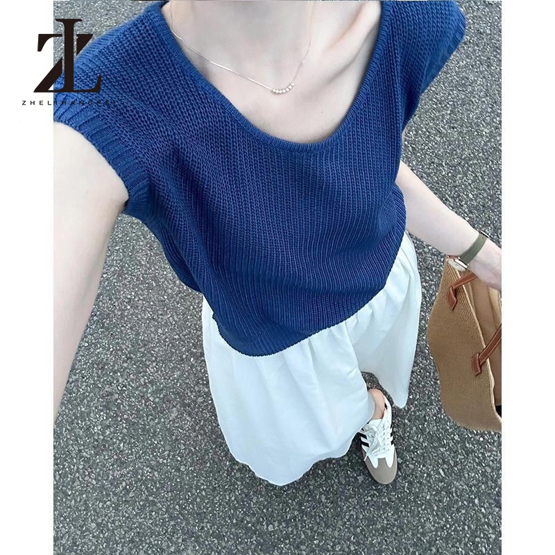ZHELIHANGFEI   เสื้อยืดแขนสั้นถักสำหรับผู้หญิง เสื้อกล้ามผ้าเย็น ดีไซน์พิเศษสุดสวย