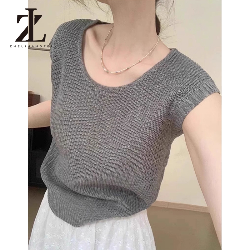 ZHELIHANGFEI   เสื้อยืดแขนสั้นถักสำหรับผู้หญิง เสื้อกล้ามผ้าเย็น ดีไซน์พิเศษสุดสวย - รูปที่ 5