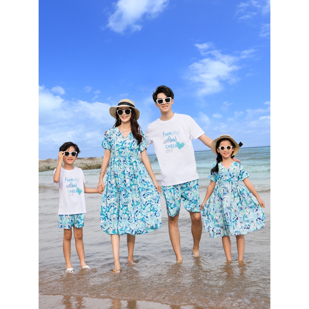 Blue Floral Beach Men Boy Shirt + Short Women Girl Long Dress Family Set Couple Hawaiian Clothes
