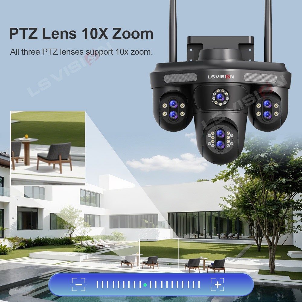 ​LS VISION 8MP 3 PTZ 360° 7 เลนส์ 10Xzoom กล้องเฝ้าระวังกันน้ํา 7 เลนส์ 4 หน้าจอ Sync IR/Color Night Vision Motion Alarm Outdoor Ready​
