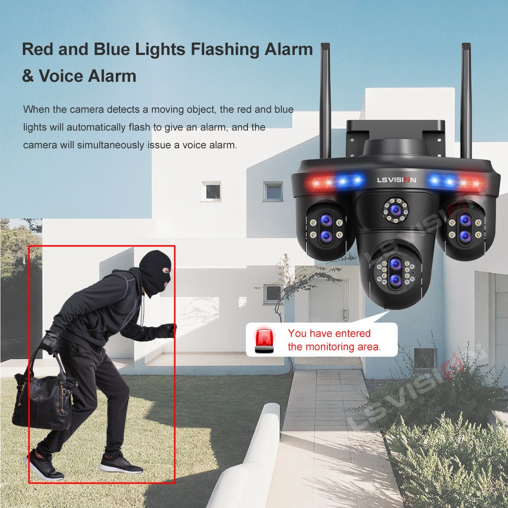 ​LS VISION 8MP 3 PTZ 360° 7 เลนส์ 10Xzoom กล้องเฝ้าระวังกันน้ํา 7 เลนส์ 4 หน้าจอ Sync IR/Color Night Vision Motion Alarm Outdoor Ready​