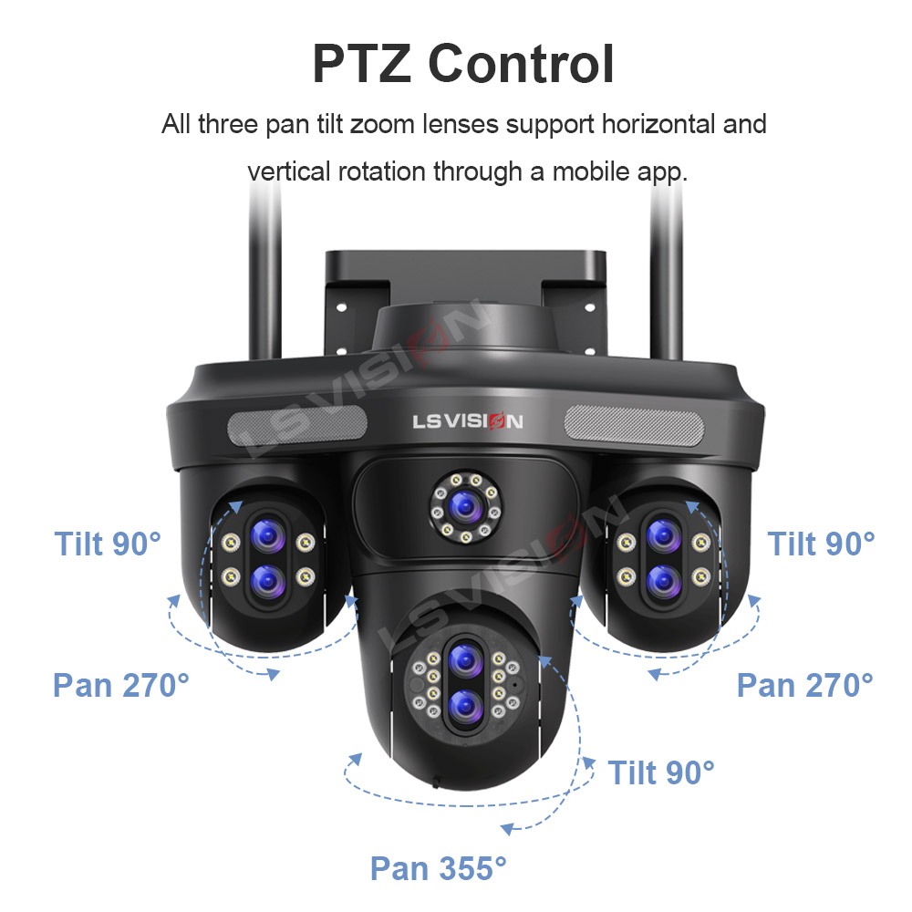 ​LS VISION 8MP 3 PTZ 360° 7 เลนส์ 10Xzoom กล้องเฝ้าระวังกันน้ํา 7 เลนส์ 4 หน้าจอ Sync IR/Color Night Vision Motion Alarm Outdoor Ready​