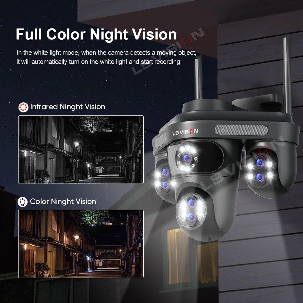 ​LS VISION 8MP 3 PTZ 360° 7 เลนส์ 10Xzoom กล้องเฝ้าระวังกันน้ํา 7 เลนส์ 4 หน้าจอ Sync IR/Color Night Vision Motion Alarm Outdoor Ready​