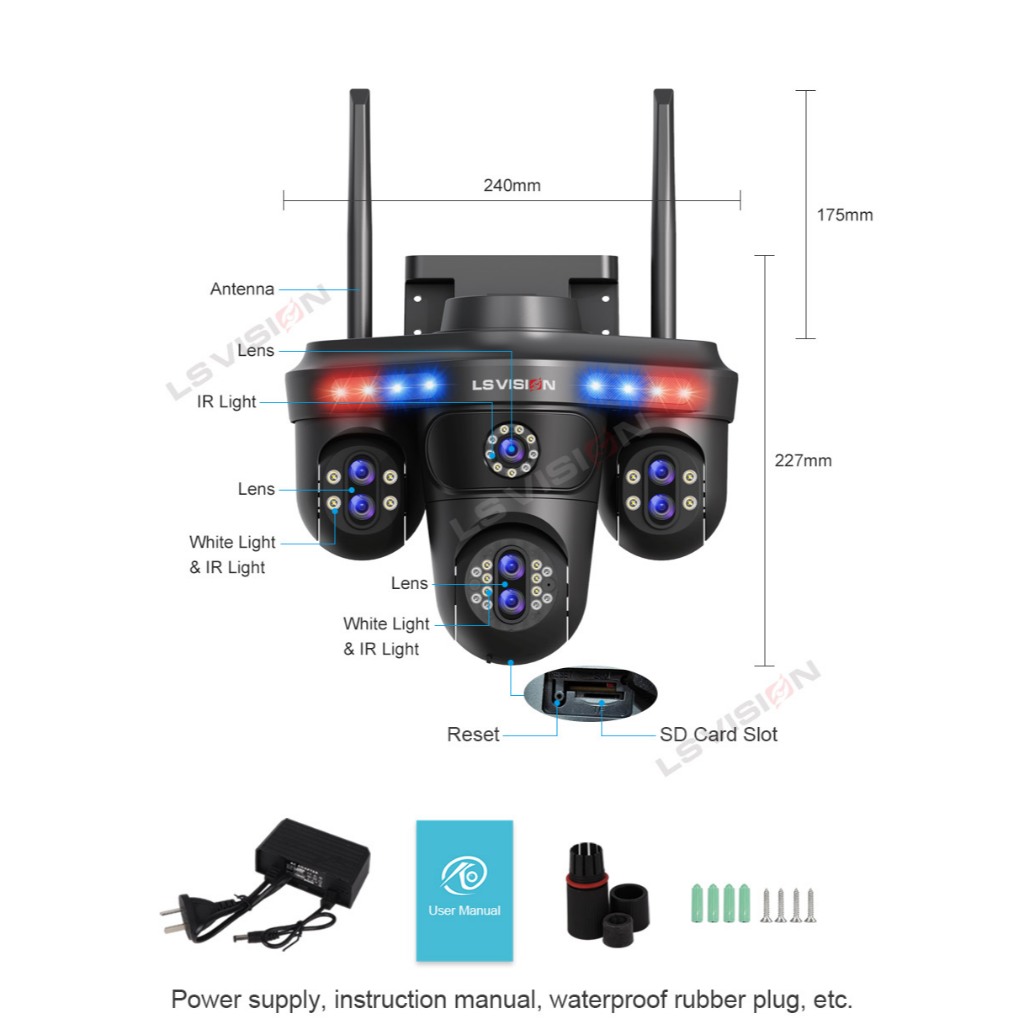 ​LS VISION 8MP 3 PTZ 360° 7 เลนส์ 10Xzoom กล้องเฝ้าระวังกันน้ํา 7 เลนส์ 4 หน้าจอ Sync IR/Color Night Vision Motion Alarm Outdoor Ready​