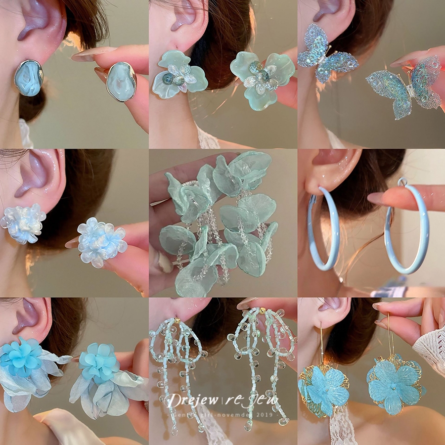 DREJEW เข็มเงิน tulle ต่างหูพู่ดอกไม้ป่าสด สีเขียวมิ้นต์ ต่างหูนางฟ้าสุด