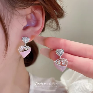 เดรช เข็มเงินเกาหลีชุดเพชรตาแมวหินต่างหูดอกไม้ออกแบบสดต่างหูสีชมพู