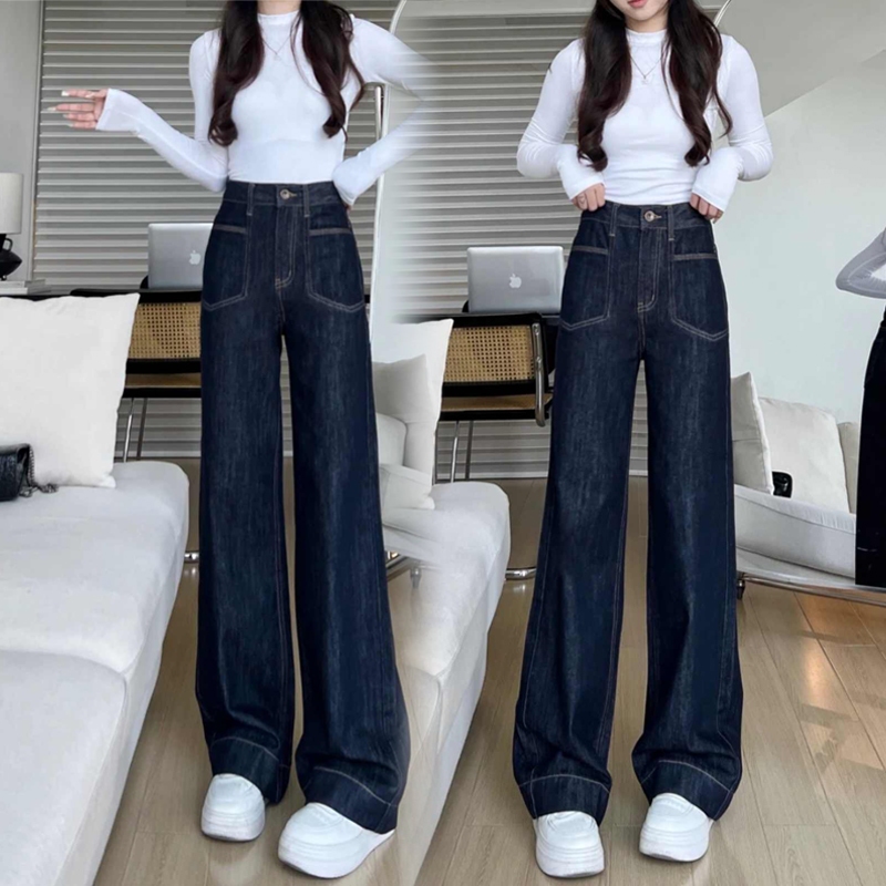 สีน้ําเงินเข้มกางเกงยีนส์ตรงแคบ Four Seasons สามารถสวมใส่สไตล์ใหม่เอวสูงหลวม All-Match Slimmer ดูการออกแบบกางเกง