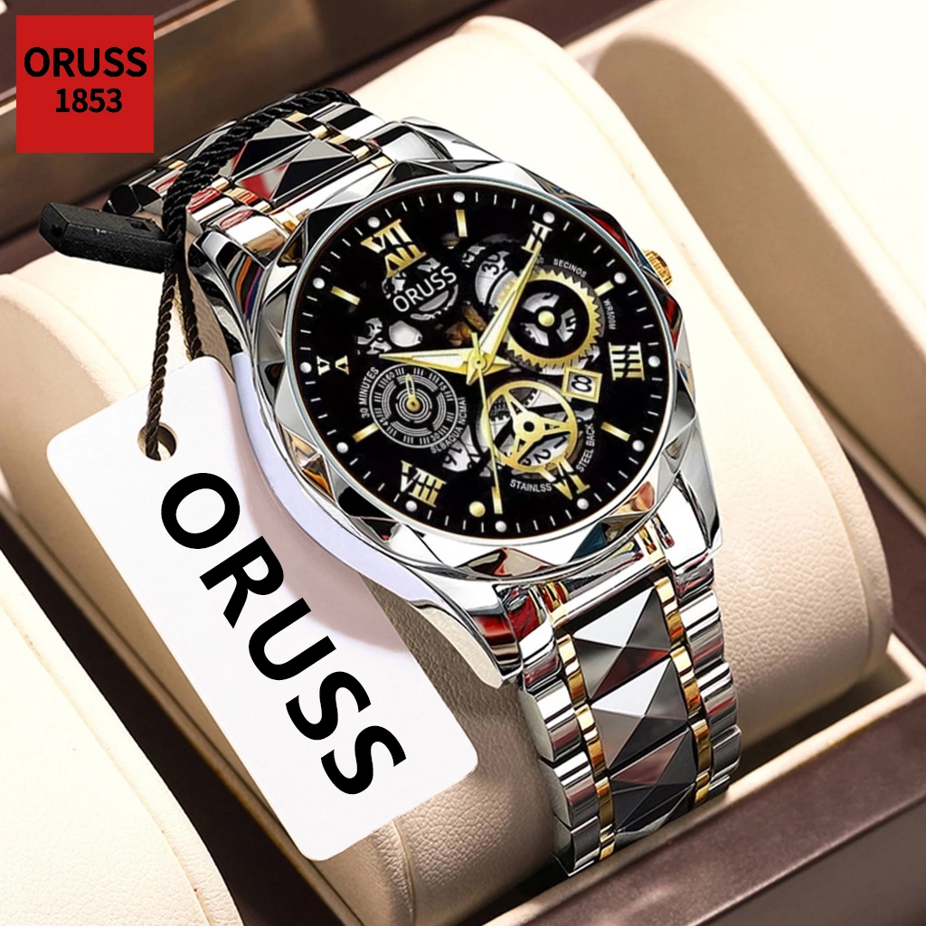 ORUSS รัส ต้นฉบับชายหรูหราอารมณ์สแตนเลสปฏิทินส่องสว่างกันน้ํานาฬิกาแฟชั่นธุรกิจเกาหลีนาฬิกาข้อมือควอตซ์
