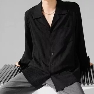 เสื้อเชิ้ตแขนยาวผู้ชาย สไตล์เกาหลี ผ้าริบลายทาง ทรงหลวม คอเปิด ใส่สบาย เสื้อคลุมลำลอง M-3XL