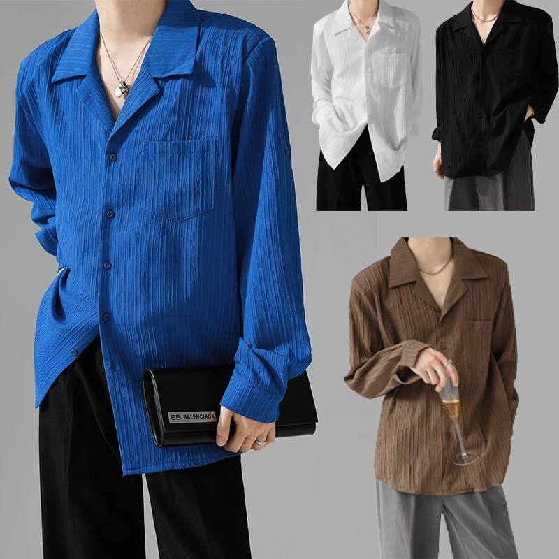 เสื้อเชิ้ตแขนยาวผู้ชาย สไตล์เกาหลี ผ้าริบลายทาง ทรงหลวม คอเปิด ใส่สบาย เสื้อคลุมลำลอง M-3XL