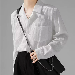 เสื้อเชิ้ตแขนยาวผู้ชาย สไตล์เกาหลี ผ้าริบลายทาง ทรงหลวม คอเปิด ใส่สบาย เสื้อคลุมลำลอง M-3XL