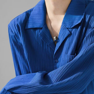 เสื้อเชิ้ตแขนยาวผู้ชาย สไตล์เกาหลี ผ้าริบลายทาง ทรงหลวม คอเปิด ใส่สบาย เสื้อคลุมลำลอง M-3XL