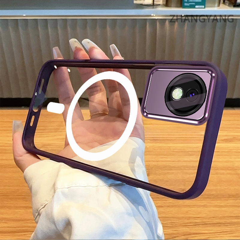 เคสสําหรับ vivo Y02 Y02A Y02T ซิลิโคน TPU เคสโทรศัพท์ป้องกันการตกพร้อมการออกแบบวงแหวนแม่เหล็กความงามและฟิล์มเลนส์ในตัว