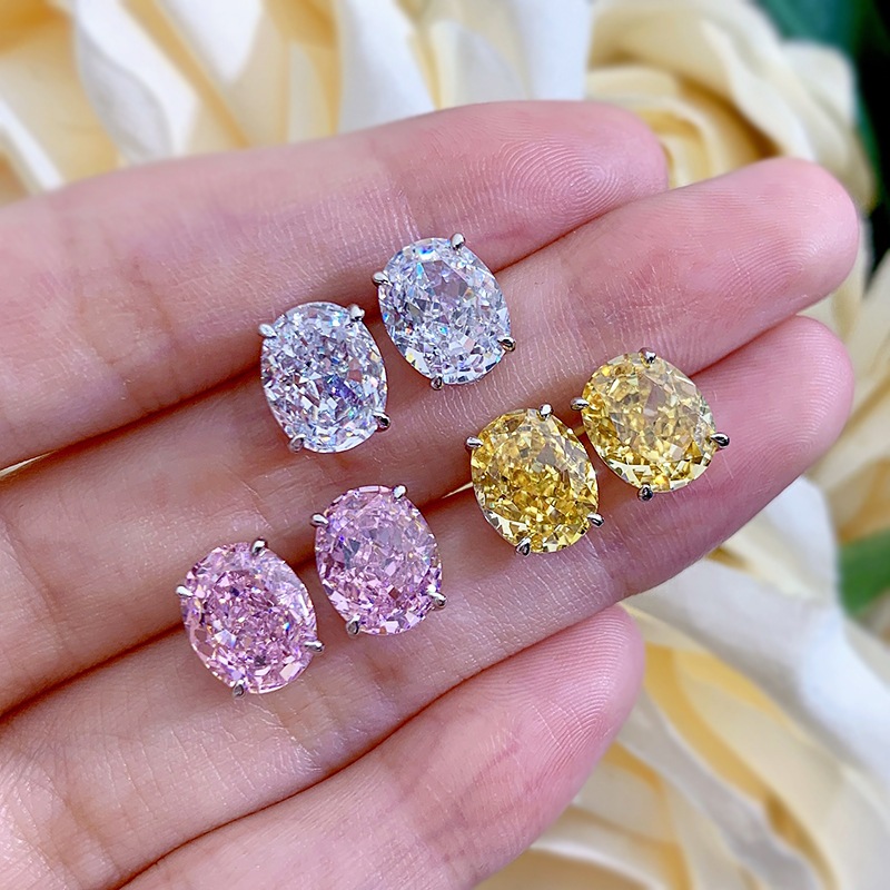 3ct รูปไข่บดน้ําแข็งตัดสีชมพูสีเหลืองคาร์บอนสูงเพชรอัญมณี 925 เงินสเตอร์ลิงต่างหู Studs ผู้หญิงของขวัญแฟชั่นอุปกรณ์เสริมต่างหู