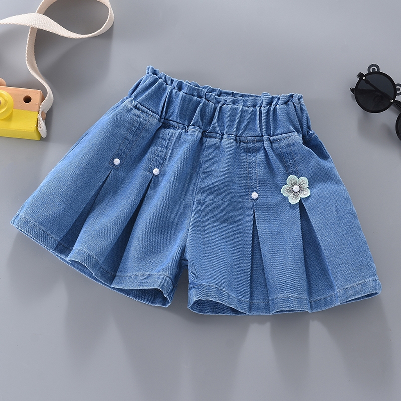 MuyoNowo Girls Pleated Denim Skort 3D ดอกไม้เอวยางยืดเด็กฤดูร้อนกางเกงขาสั้น