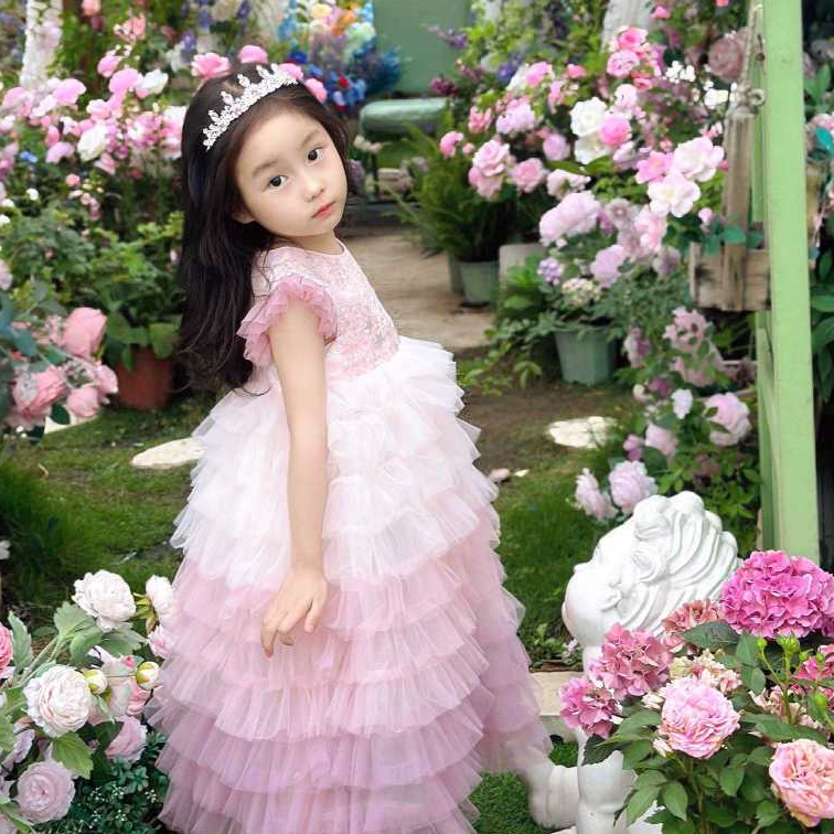 ชุดเจ้าหญิงเด็กผู้หญิง สีชมพูไล่เฉด ทรงขนมชั้น เดรสฟูๆ เลื่อมบนหน้าอก สำหรับวันเกิด ออกงาน งานเทศกาล