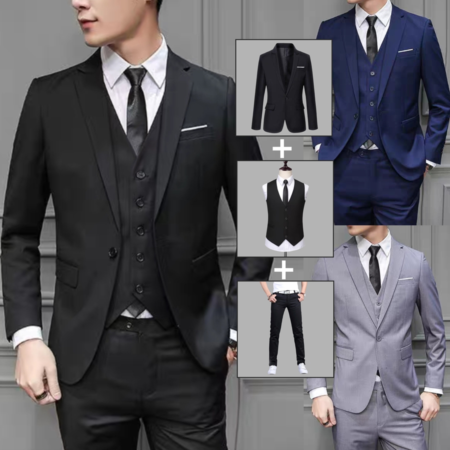 [จัดส่งในพื้นที่]เสื้อเบลเซอร์สําหรับผู้ชายชุดสูทธุรกิจอย่างเป็นทางการชุดทักซิโด้เจ้าบ่าวเสื้อแต่งงานแฟชั่นสไตล์เกาหลีสูงสุด