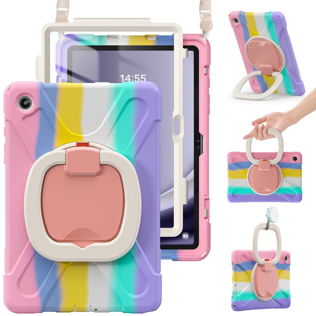 NEOMIXX Android เคสแท็บเล็ตสําหรับ Samsung Galaxy Tab A9+ Plus 11, A8, A7, Tab S10 FE+, S9 FE+ Plus,S8 Ultra, S7, S6 Lite, มีสายสะพาย, 360° ขาตั้งและขาตั้งแบบหมุนได้