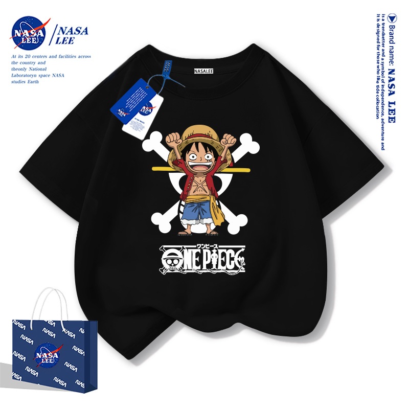 【จัดส่งภายใน 48 ชั่วโมง】 เสื้อยืดแขนสั้น NASA สำหรับเด็ก ผ้าฝ้ายสีดำ ลายวันพีซ (One Piece) - แฟชั่นสุดเทรนด์สำหรับเด็กผู้ชายและเด็กผู้หญิง