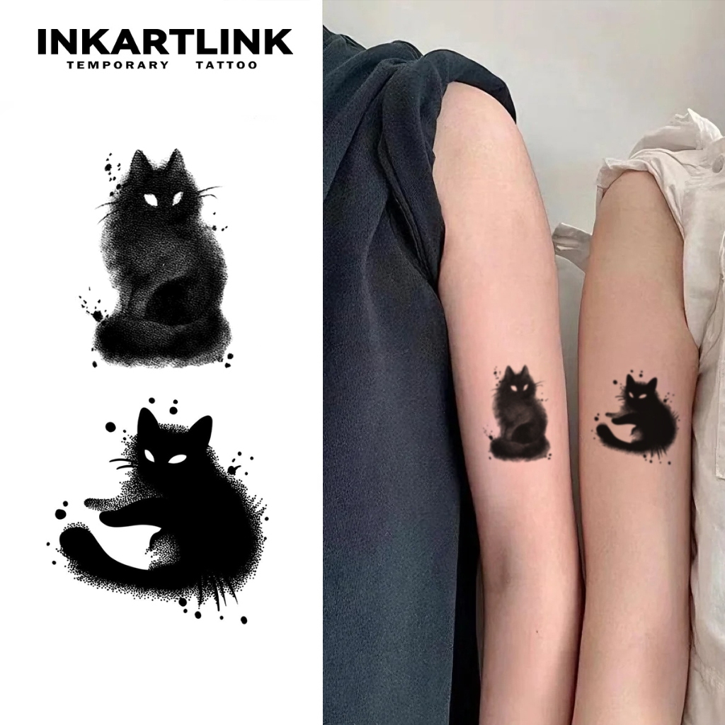 Inkartlink Magic Tattoo กันน้ํา กึ่งถาวร ติดทนนาน ชั่วคราว สติ๊กเกอร์รอยสักปลอมสไตล์มินิมอล รอยสักลูกแมวสีเข้ม รอยสักปาร์ตี้ รอยสักศิลปะ 6 ซม.12 ซม.
