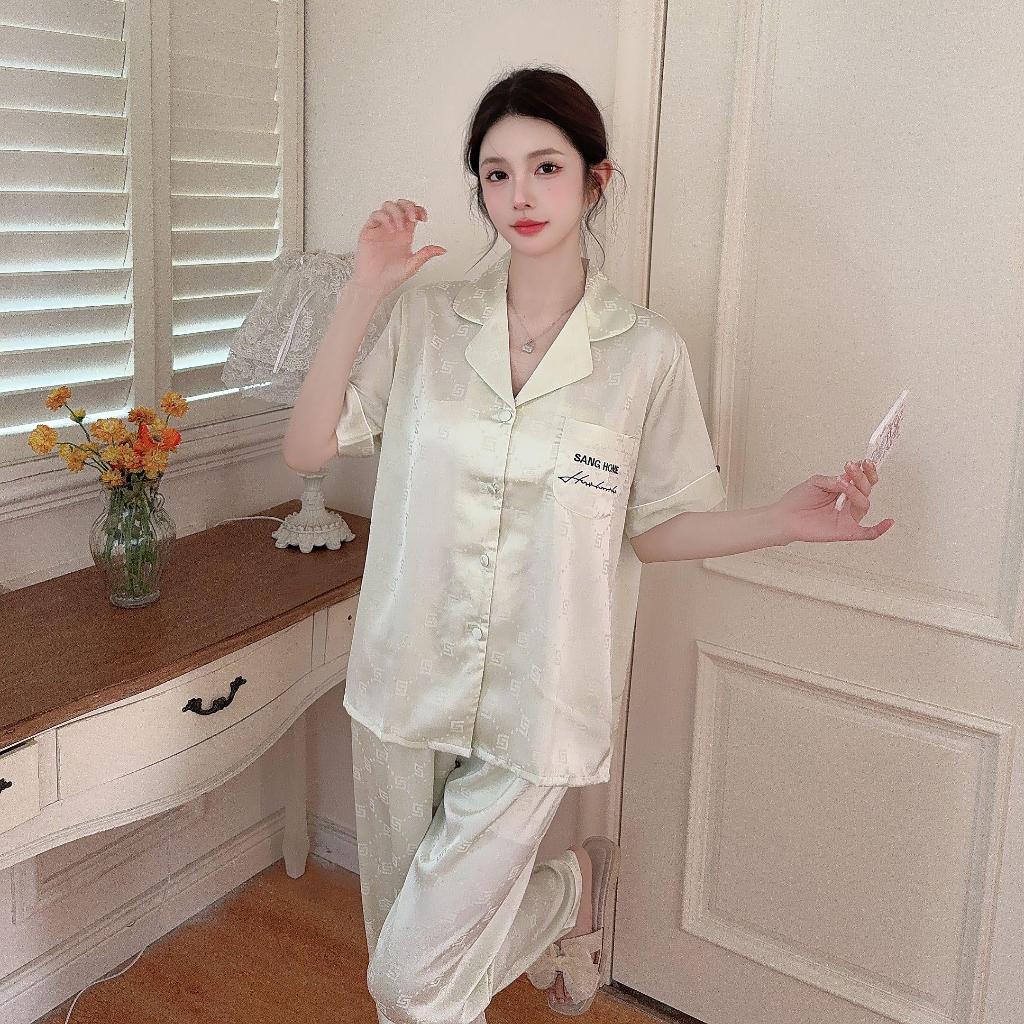 ชุดนอนสุภาพสตรี High-End ผ้าไหมสไตล์หรูหรารูปแบบ Jacquard ฤดูร้อนแขนสั้น Loungewear