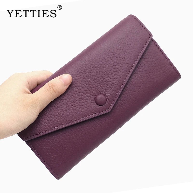 YETTIES แฟชั่นหนังแท้ผู้หญิงกระเป๋าสตางค์ยาวผู้ถือบัตรคลัทช์ซิปโทรศัพท์เหรียญกระเป๋า หนังวัว กระเป๋า
