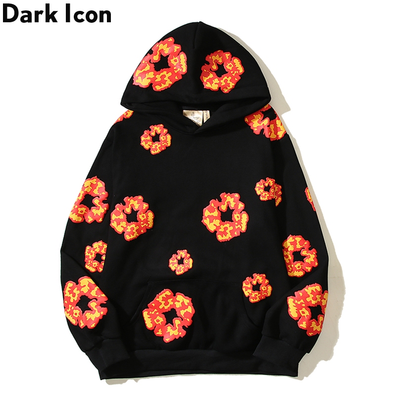 Dark Icon Retro 3D โฟมเปลวไฟผ้าฝ้ายพิมพ์ Graffiti เสื้อฮู้ดกํามะหยี่สําหรับผู้ชายและผู้หญิง