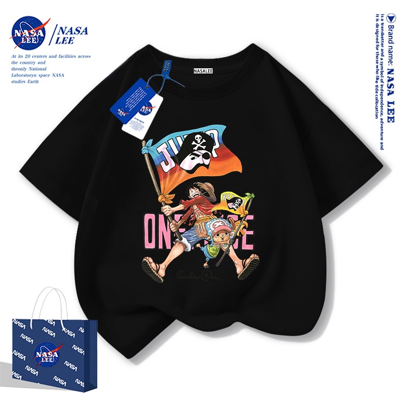【จัดส่งภายใน 48 ชั่วโมง】 เสื้อยืดแขนสั้นเด็ก NASA ผ้าฝ้ายสีดำ ลายลูฟี่สุดเท่ (One Piece) - แฟชั่นสไตล์แคชวลสำหรับเด็กชาย-หญิง