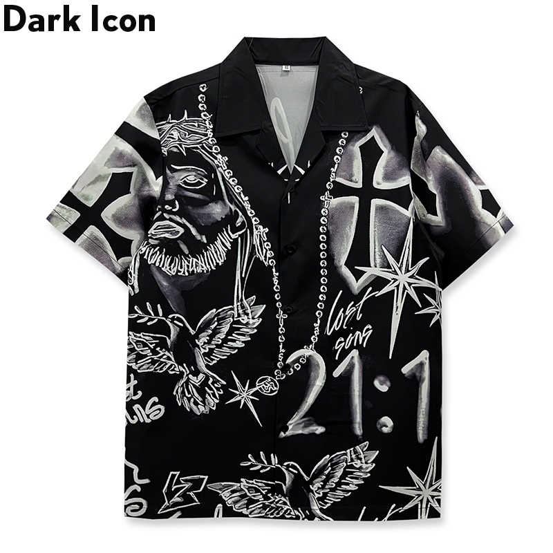 Dark Icon Hawaii วันหยุดเสื้อแขนสั้นพิมพ์ลายผู้ชายชายหาดหลวมและอเนกประสงค์เสื้อคู่ลําลอง