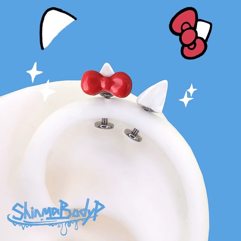 Shinma Titanium Alloy Cute kitty Cat Bowknot Cat Ear Bone Stud ต่างหูหูล้อ Studs Super Cute